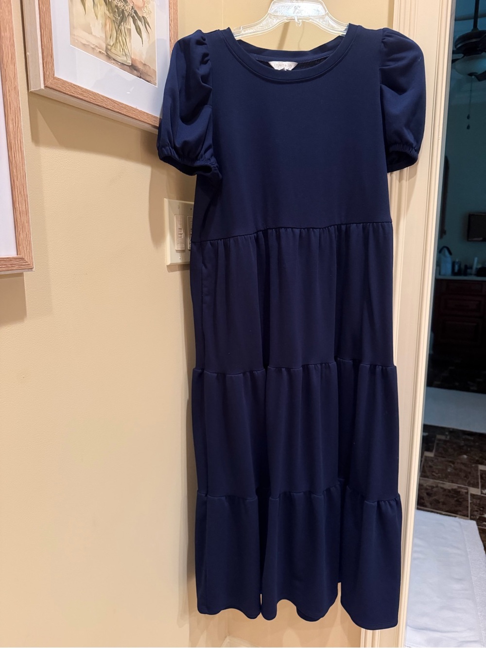 Comfy  Navy Tiered Maxi Dress with Puff Sleeves